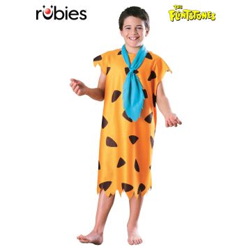 Kids Fred Flintstone costume tunic with brown stone spots and turquoise tie