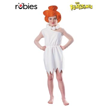 Girls Wilma Flintstone costume with white dress, orange bun headpiece and pebble necklace