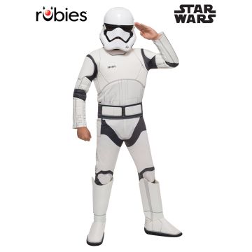 Child wearing white Star Wars First Order Stormtrooper costume with molded helmet and digitally printed armor jumpsuit