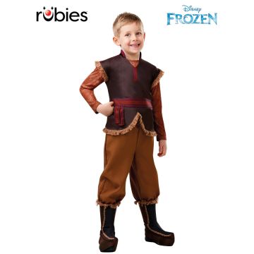 Kids Kristoff Frozen costume with brown vest, orange sleeves and boot covers