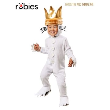 Kids Max Where The Wild Things Are costume with gold crown and white wolf suit