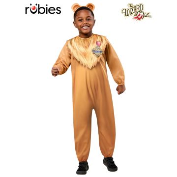 Kids Cowardly Lion costume jumpsuit with golden faux fur mane and Courage medal