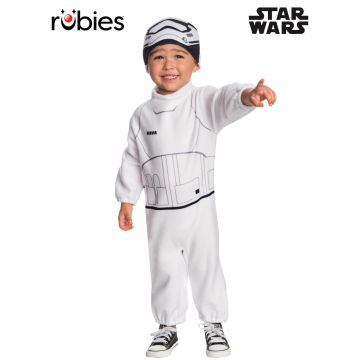 Toddler wearing white Star Wars Stormtrooper fleece jumpsuit with printed armor and matching beanie