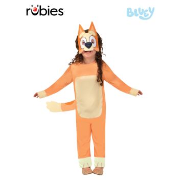 Kids Bingo costume from Bluey - orange and cream Red Heeler jumpsuit with attached tail