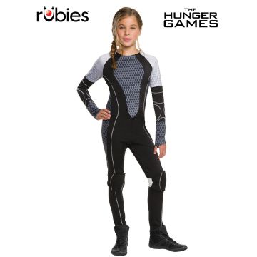 Girls Katniss Everdeen Hunger Games costume jumpsuit with printed armor panels