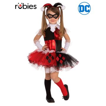 Girls Harley Quinn tutu costume with red and black checker bodice and layered diamond-print skirt