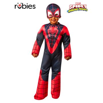 Toddler Miles Morales Spider-Man costume with padded black and red jumpsuit