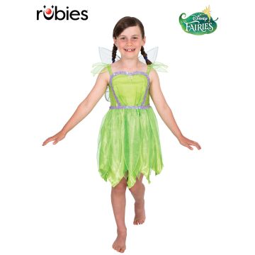 Girls Tinker Bell deluxe fairy dress costume with sparkle tulle leaf-hem skirt and detachable wings