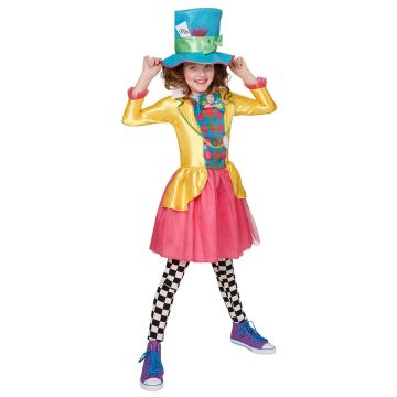 Girls Mad Hatter deluxe costume with yellow satin dress, pink tulle skirt and felt top hat