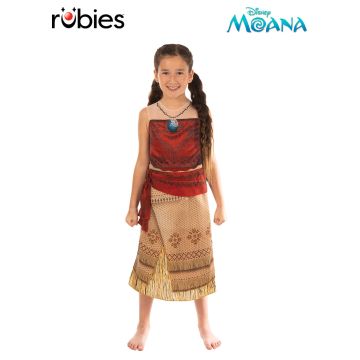 Girls deluxe Moana costume dress with Heart of Te Fiti pendant and layered fringe skirt