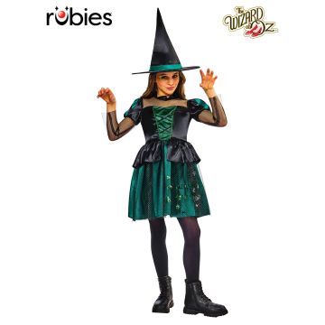 Girls Wicked Witch of the East costume with emerald green bodice and black tulle skirt