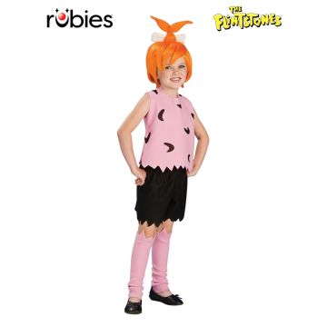 Kids Pebbles Flintstone costume with orange wig and pink tunic
