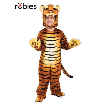 Kids plush tiger costume with 3D hood and printed stripes - full body jumpsuit