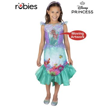 Girls Disney Little Mermaid Ariel costume dress with lenticular moving-image panel and shell-bra bodice