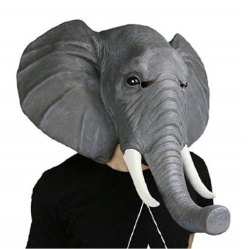 Adult latex elephant mask with grey textured skin and ivory tusks