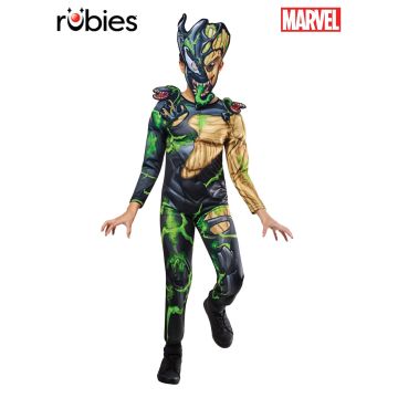Kids Venomized Groot costume full body view showing black Venom symbiote and tan Groot branches