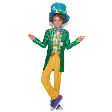 Kids Mad Hatter costume with emerald green jacket, pinstripe trousers and tall turquoise felt top hat
