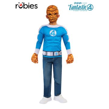 Kids The Thing costume with blue muscle chest top, orange rocky mask and gloves