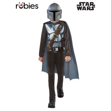 Kids Mandalorian costume with printed beskar armor jumpsuit and T-visor helmet