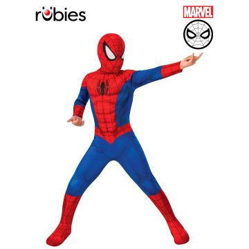 Kids Spider-Man costume full body jumpsuit with red blue webbing and attached hood