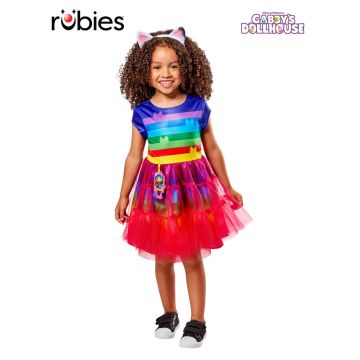 Girls Gabby's Dollhouse deluxe costume dress with rainbow striped bodice and layered tulle skirt