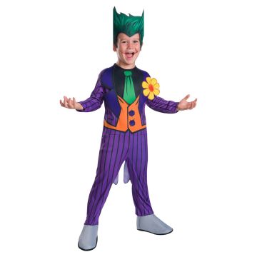 Kids The Joker costume with purple jumpsuit, green necktie, foam lapel flower and wild green hair headpiece