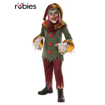 Kids scary clown costume with full-face jester mask and striped pants