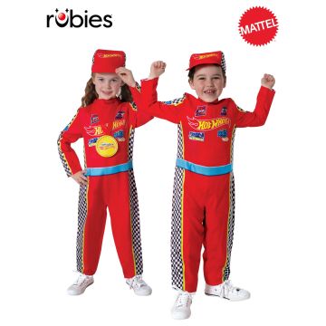 Kids Hot Wheels racing costume with red jumpsuit, checkered flags and cap