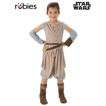 Girls Rey Star Wars costume with desert-tone tunic and arm gauntlets