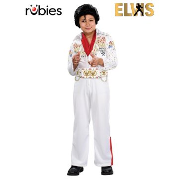 Kids Elvis Presley costume with white jeweled jumpsuit and red scarf