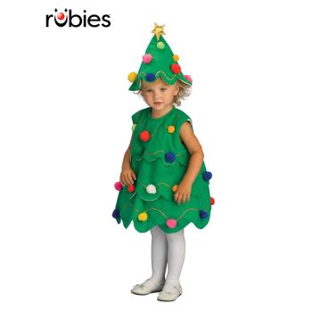 Child wearing green felt Christmas tree costume dress with colorful pom-pom ornaments and matching conical hat
