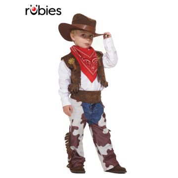 Kids Wild West cowboy costume with fringed vest and cowhide chaps
