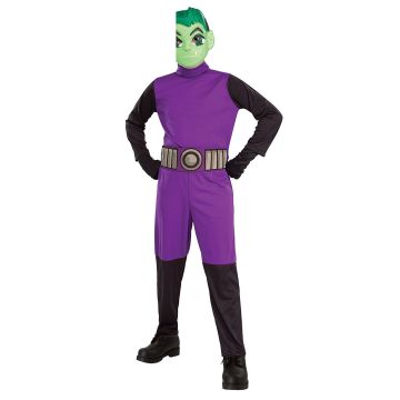 Kids Beast Boy costume with purple jumpsuit and green character mask