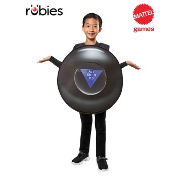 Kids Magic 8-Ball costume tabard front view with vinyl answer window and blue triangle
