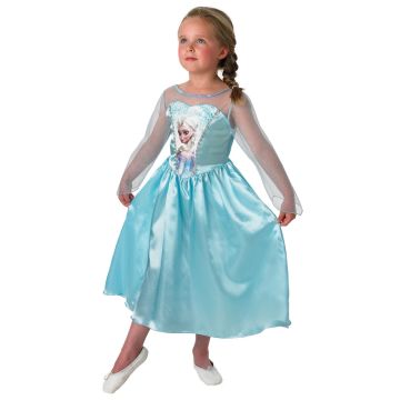 Girls Disney Frozen Elsa costume dress in ice blue satin with sparkly sheer sleeves