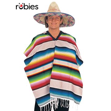 Adult Mexican Serape Poncho Costume - Rainbow Striped Fiesta Cape with Tassels