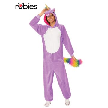 Adult Purple Unicorn Onesie Costume with Rainbow Mane and Gold Horn