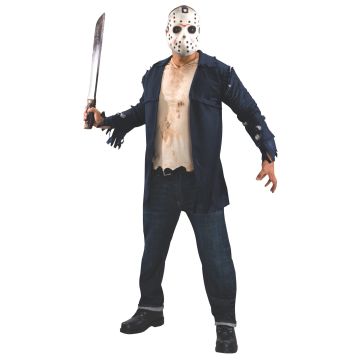 Adult Jason Voorhees costume with navy quilted jacket and hockey mask