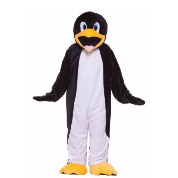 Adult penguin mascot costume full body black and white plush suit with oversized yellow beak head