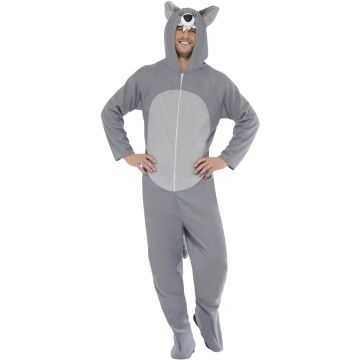 Adult grey wolf onesie costume with 3D hood and stand-up ears