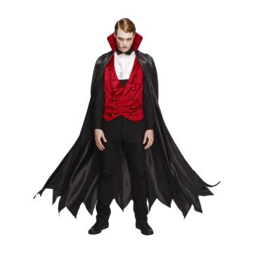 Adult mens Gothic vampire costume with black satin cape and red velour waistcoat