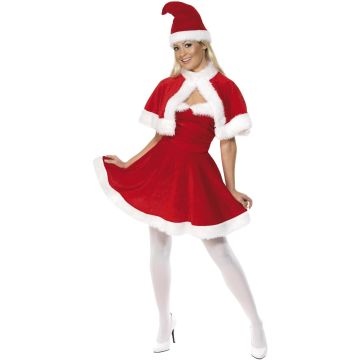 Miss Santa costume ladies red velour dress with white fur trim and detachable cape