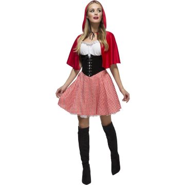 Adult Little Red Riding Hood costume with red hooded cape and corset bodice