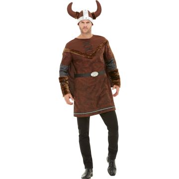 Adult Viking warrior costume with horned helmet, brown tunic, and cape