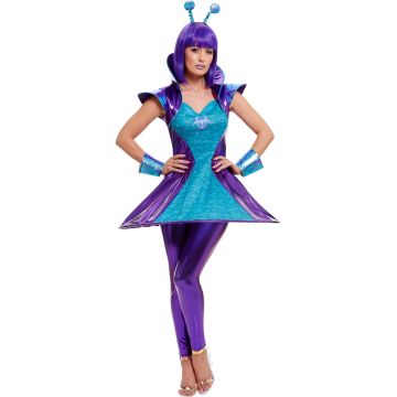Adult alien costume dress in metallic turquoise and purple with structured shoulder wings and hoop skirt