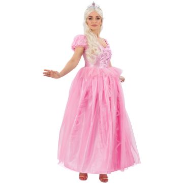 Adult pink princess ball gown costume with shimmery bodice and full tulle skirt