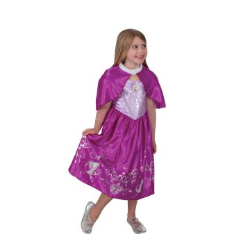 Girls Rapunzel deluxe dress with magenta satin bodice and character pendant