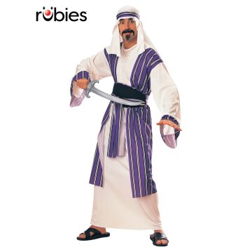 Adult Desert Prince Arabian Costume - Cream Robe with Purple Striped Tunic and Headdress