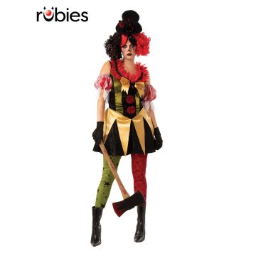 Adult Womens Evil Clown Costume - Black Gold Mini Dress with Hat