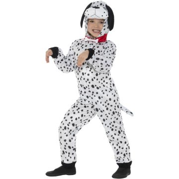 Child wearing white plush 101 Dalmatians costume with black spots and red collar